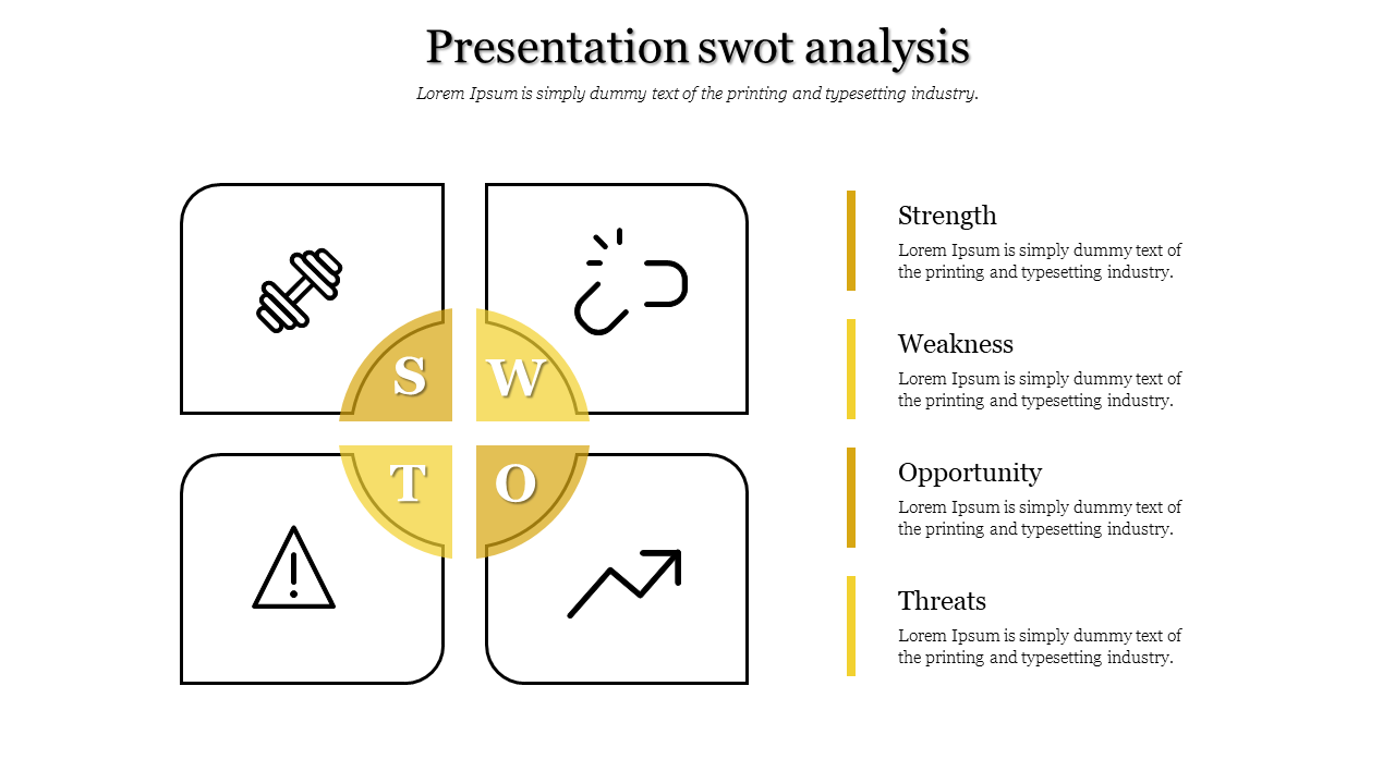 Minimalist SWOT analysis diagram with a yellow circular center labeled SWOT, surrounded by four sections with icons.