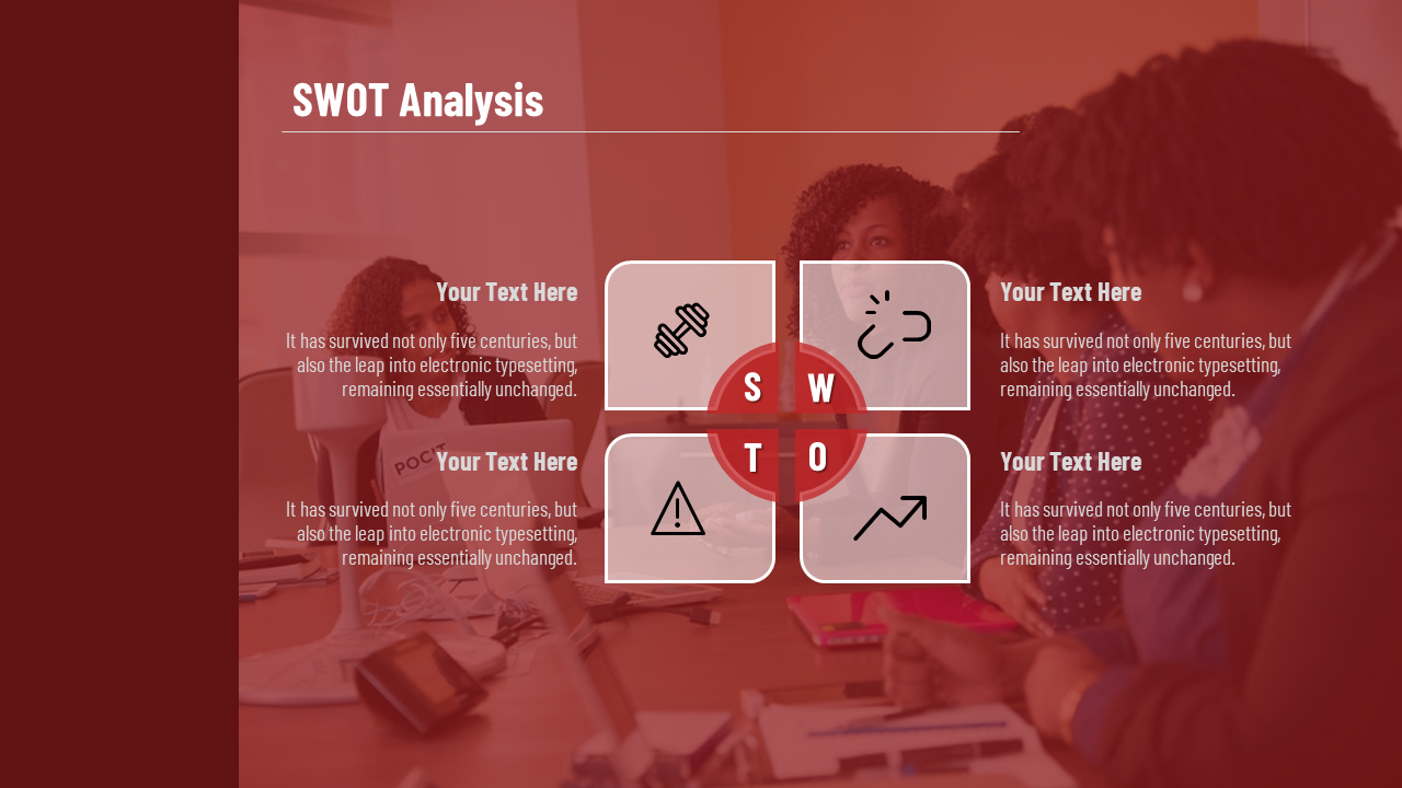 SWOT analysis chart with four labeled areas, including icons for strength to threat, with placeholder text.