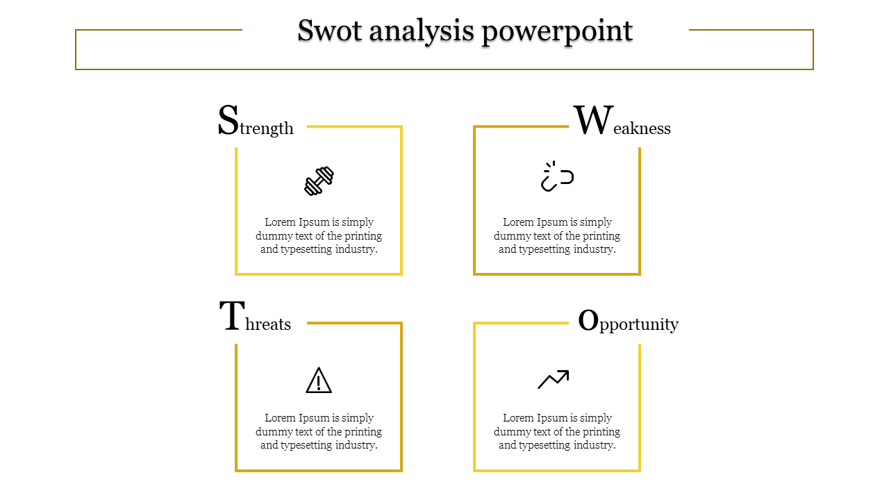 Modern SWOT diagram featuring yellow accented framed text areas, and symbols representing each quadrant.