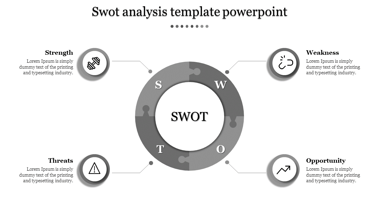 Monochrome SWOT template with a circular layout, featuring icons, and text areas for each element.