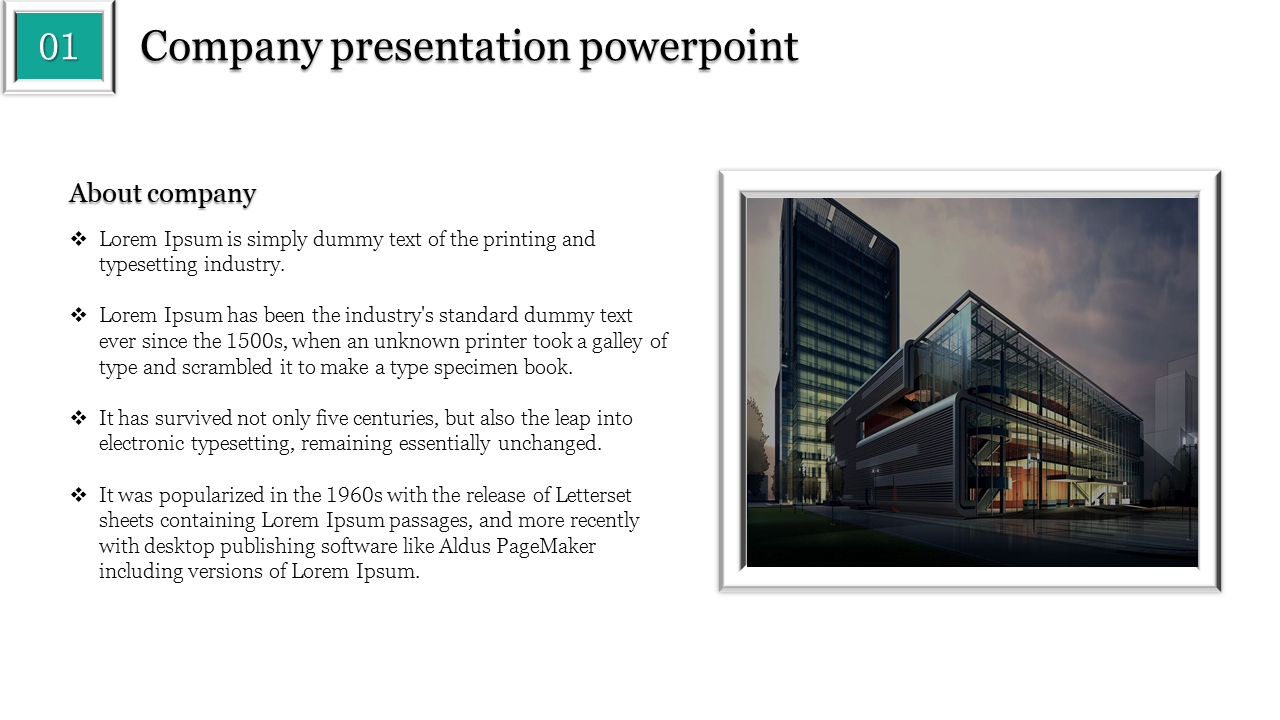Corporate presentation template displaying a structured layout with a bold heading, company text in paragraph format.