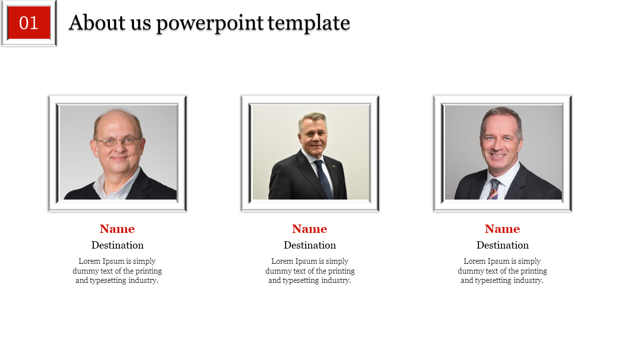 Team introduction slide with three framed profile photos in a row and red highlights for titles, on a white background.