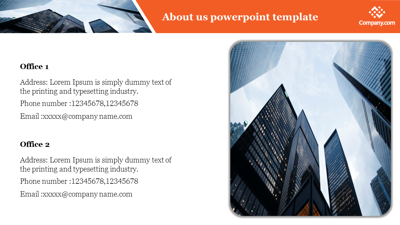About Us slide with an orange header, contact details for two offices on the left, and a skyscraper image on the right.