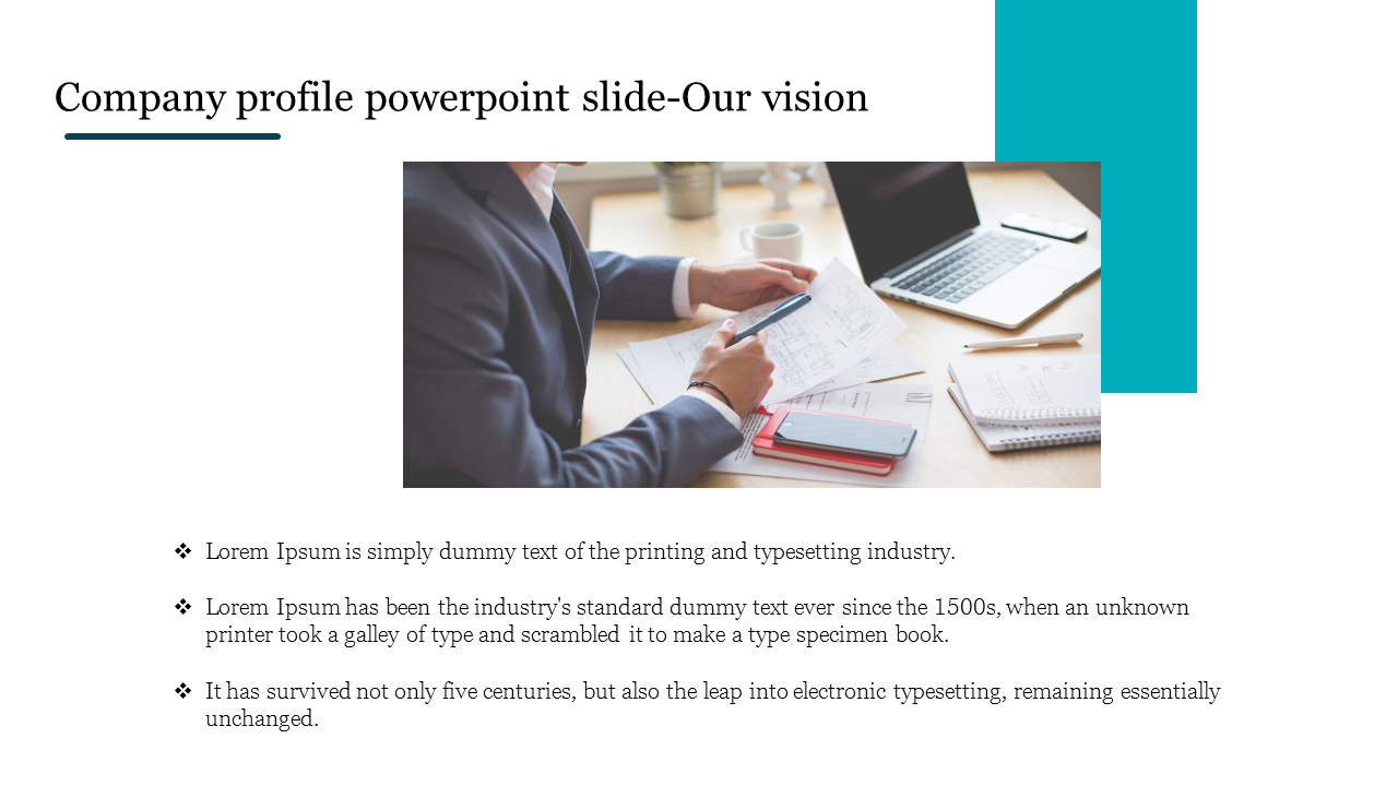 Slide featuring a professional setting with a person reviewing documents and a workspace with a laptop.