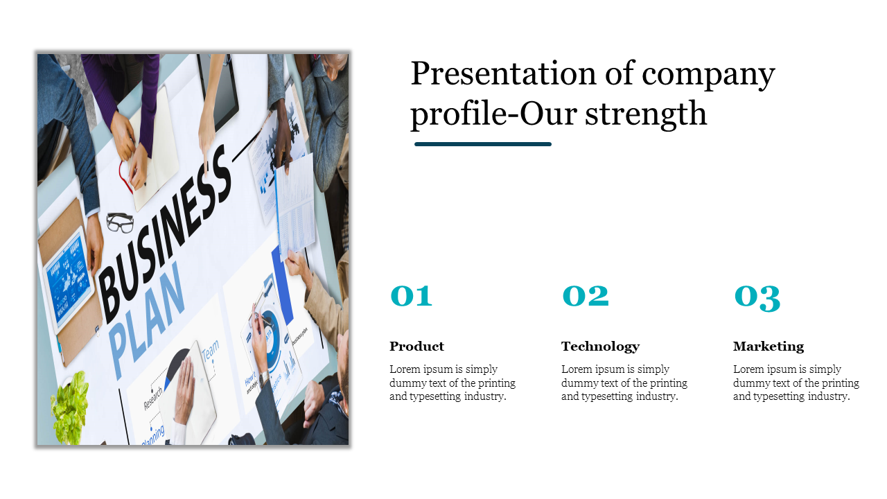 Company strengths slide displaying a collaborative business planning image and layout highlighting three core focus areas.