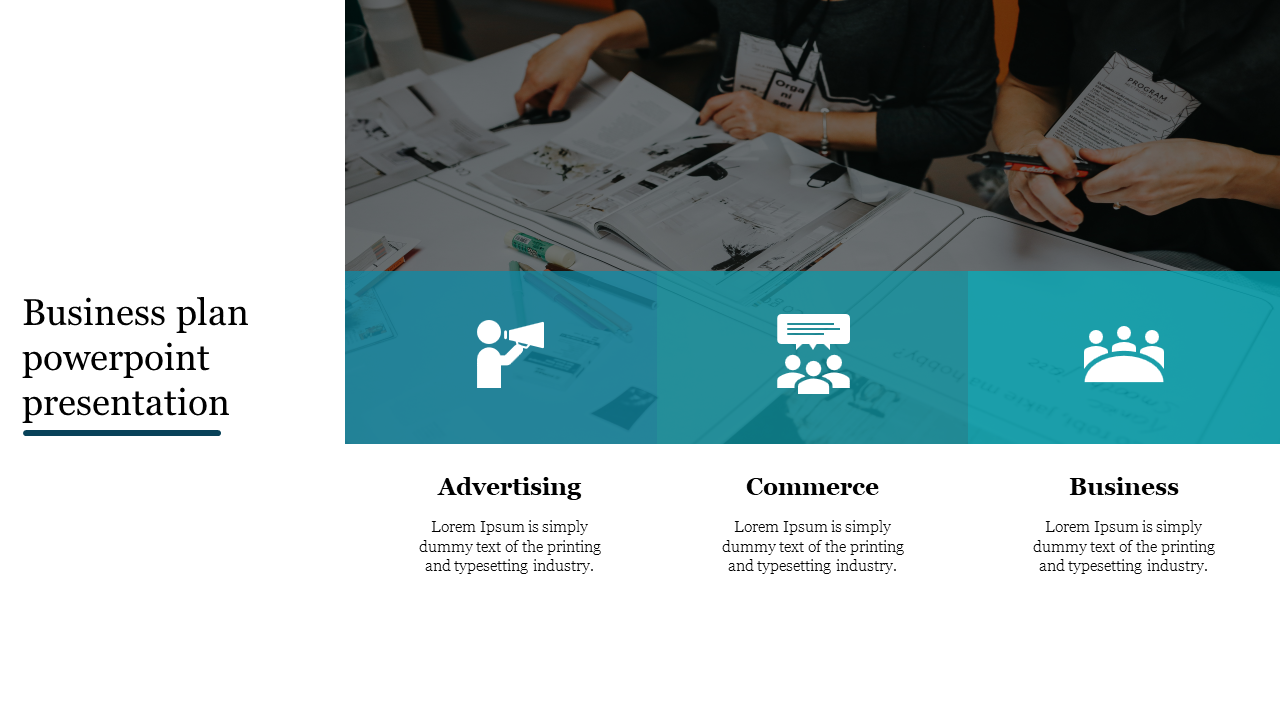 Business strategy template with a team discussion image and three labeled content areas, each with an icon and description.