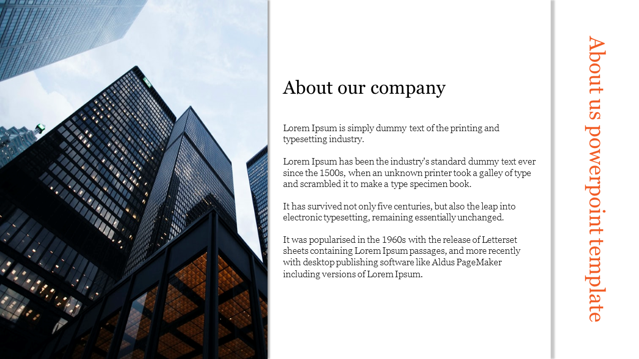 About Us slide with a skyscraper image on the left, a text section on the right, and a vertical title bar on the far right.