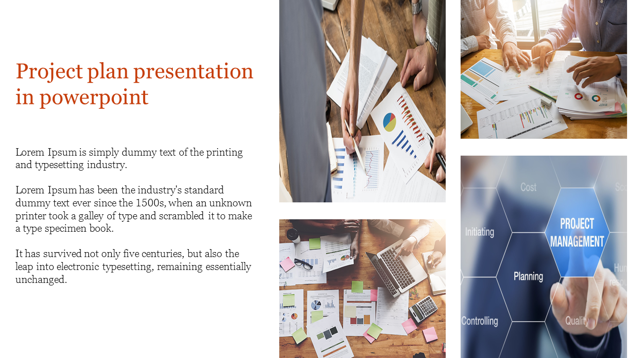 Project management slide displaying financial analysis, team collaboration, and digital planning concepts in a clean design.