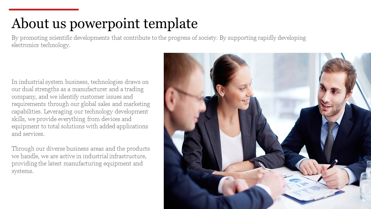 About Us slide with a business team in a discussion at a modern office, featuring a document with charts.