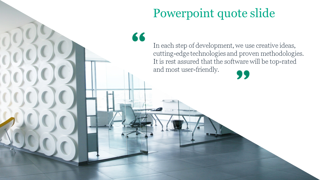 Business quote slide with a clean office setting, showing a white patterned wall and glass-walled workspace.