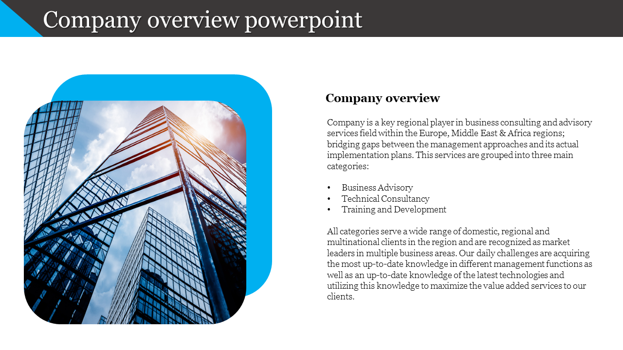 Slide with a black header, rounded blue square featuring skyscrapers, and a white background for the text section.