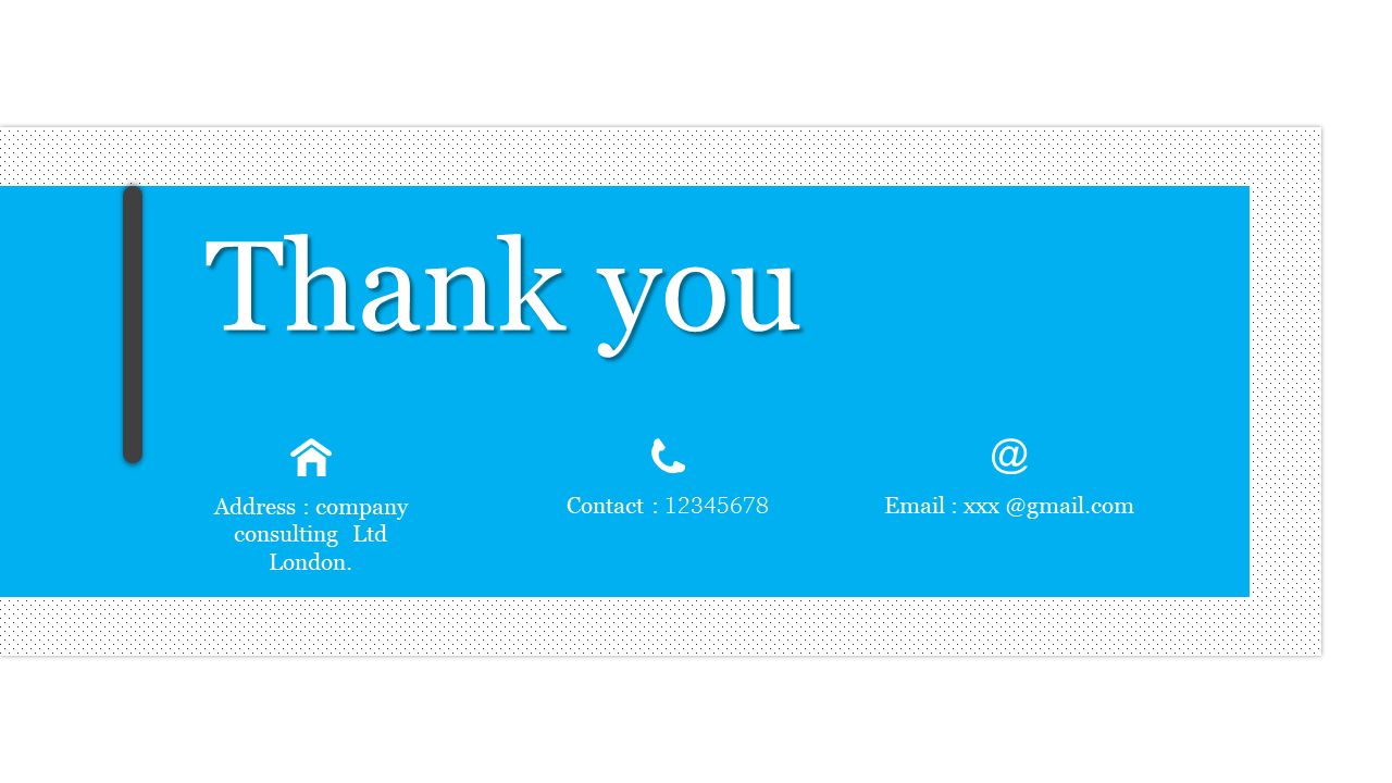 Thank you slide with a solid blue background featuring white text and simple contact icons aligned horizontally.