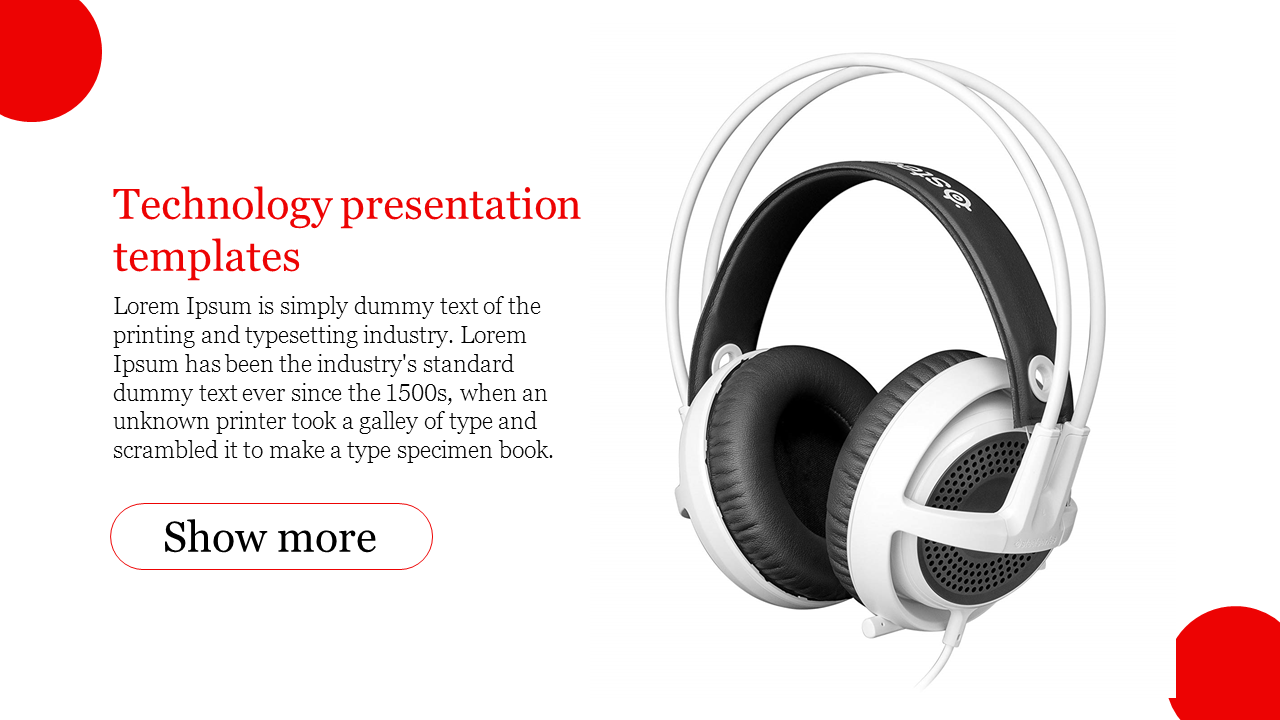 Technology presentation slide featuring a sleek pair of white headphones alongside a text section and a show more button.