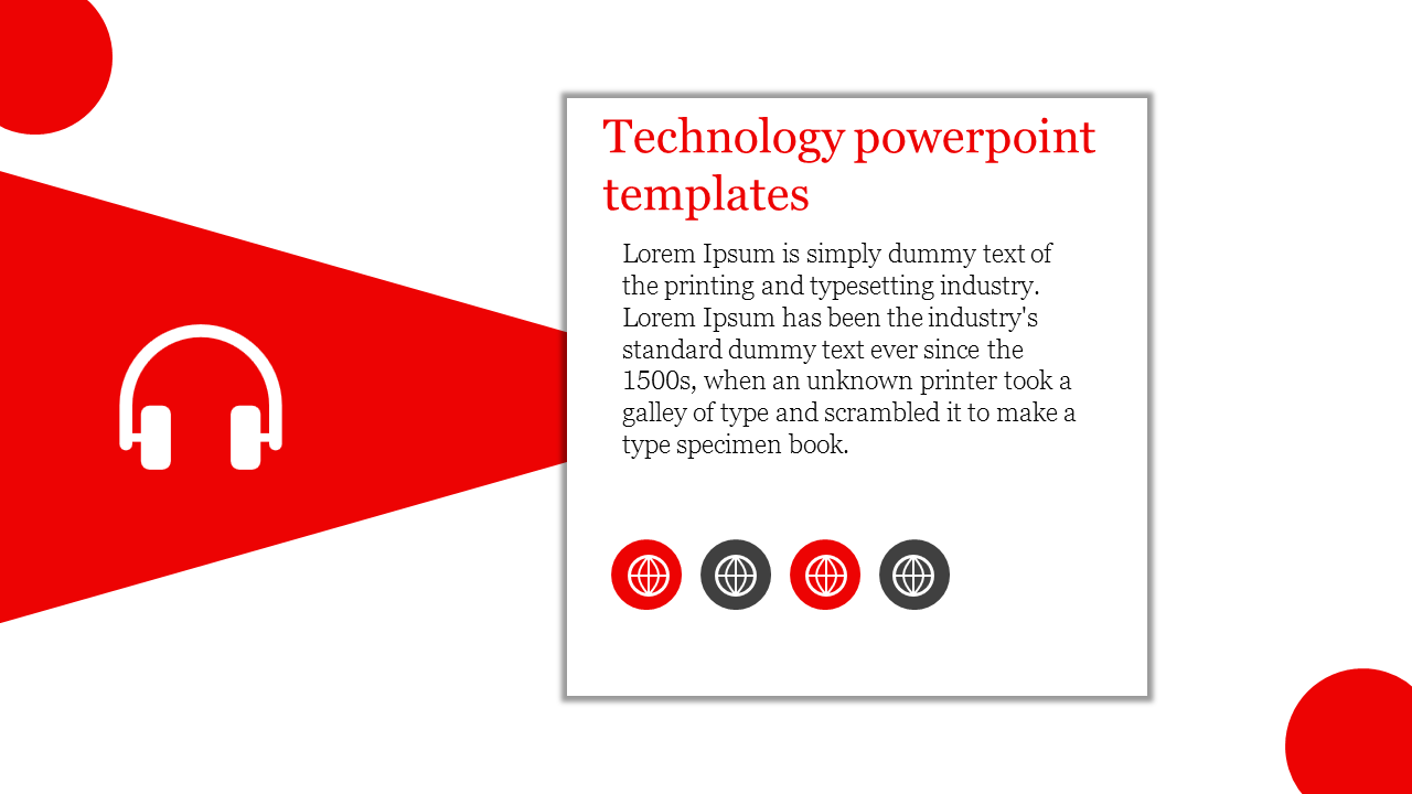 Technology slide with a red geometric background on the left featuring a headphone icon, and a bordered white content box.