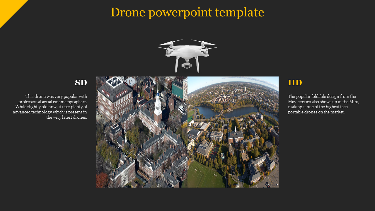 Drone slide with SD and HD aerial images comparison, featuring a drone graphic and descriptions on a dark background.