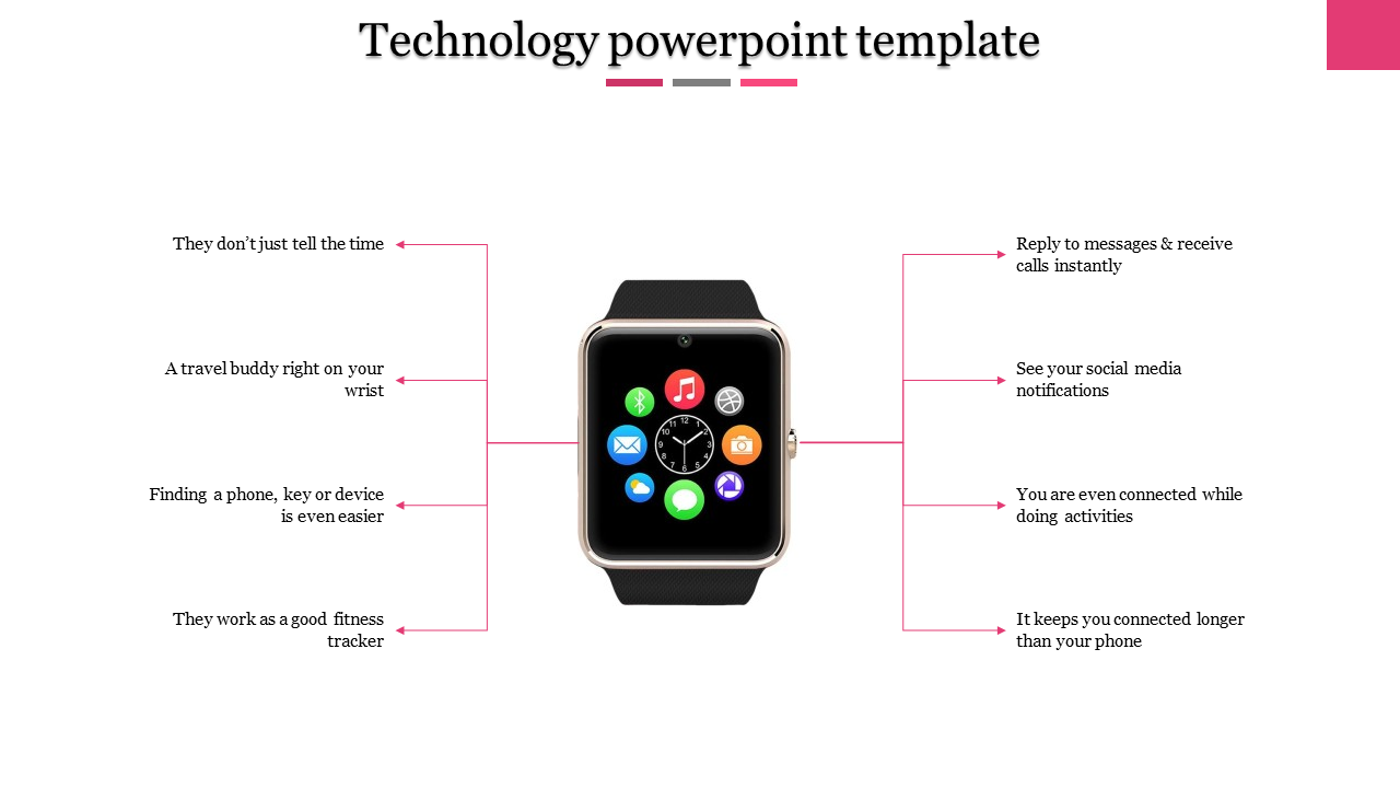 Smartwatch mockup in the center with eight text features connected by arrows, showcasing its benefits and functionalities.