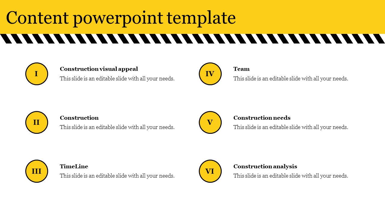 Content PPT slide with a yellow and black header, showcasing six topics related to construction in a structured layout.
