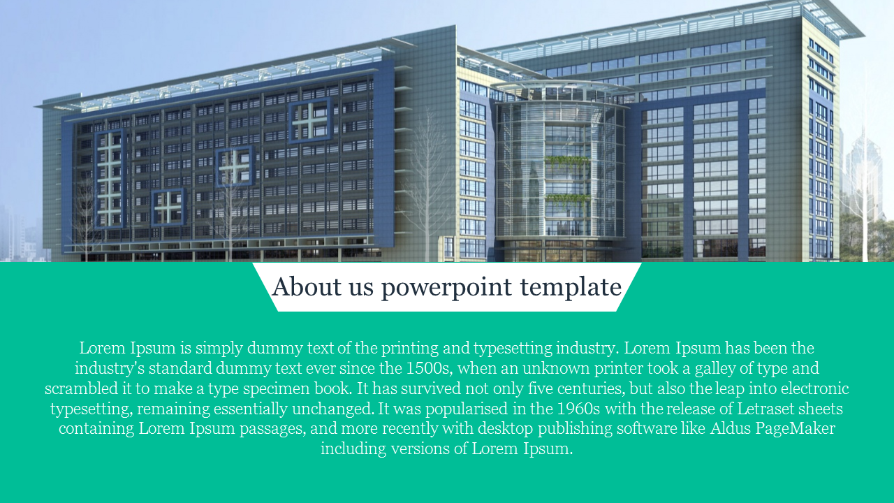 Modern building with glass facade above a green section containing text for an about us template.