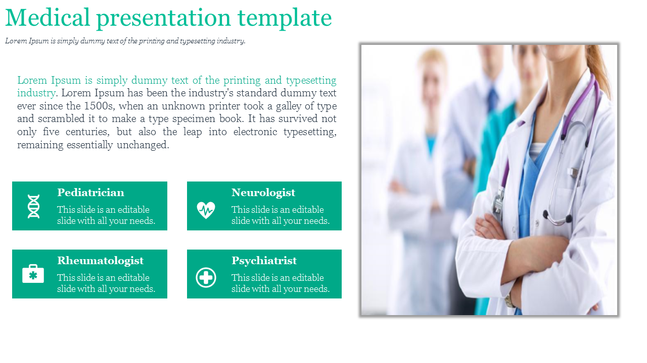 Medical presentation template featuring a right-side image of a confident female doctor, a left aligned text block.