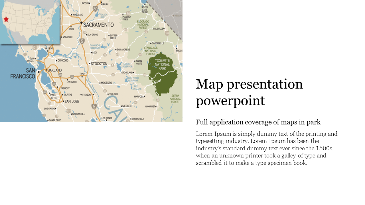 Map presentation slide showcasing California landmarks, including Yosemite National Park, with text on the right.
