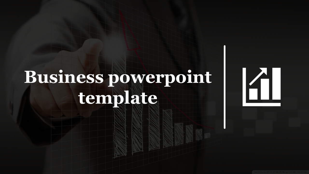 Business themed template with a dark overlay, focus on a pointing hand, and a chart icon on the right.