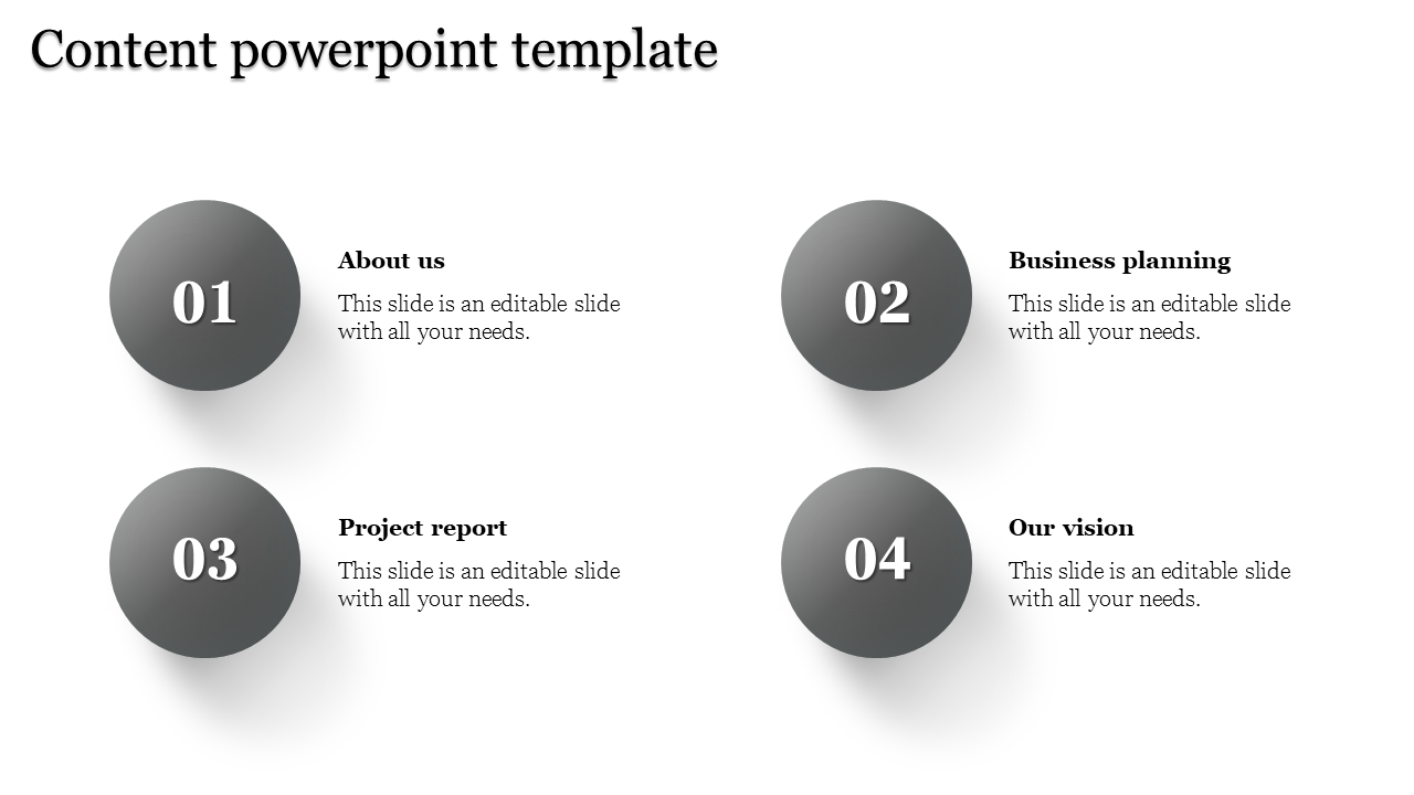 Content PPT slide with four sections from about us to our vision, displayed with numbered gray circles with placeholder text.