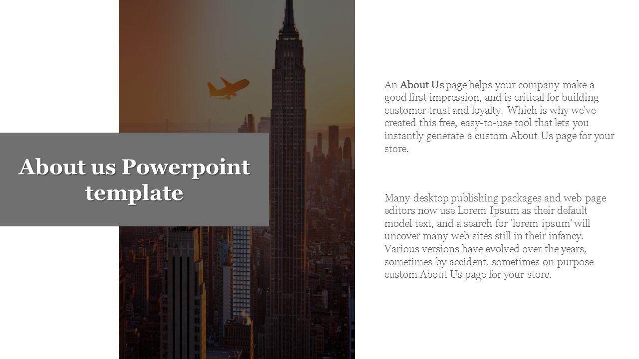 About us slide with a gray title banner, text on the right, and a background image of a city skyline with an airplane.