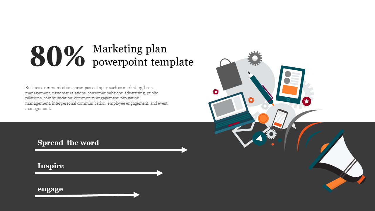 Marketing plan slide featuring a bold 80 percent statistic, business communication text, and graphics of devices and tools.