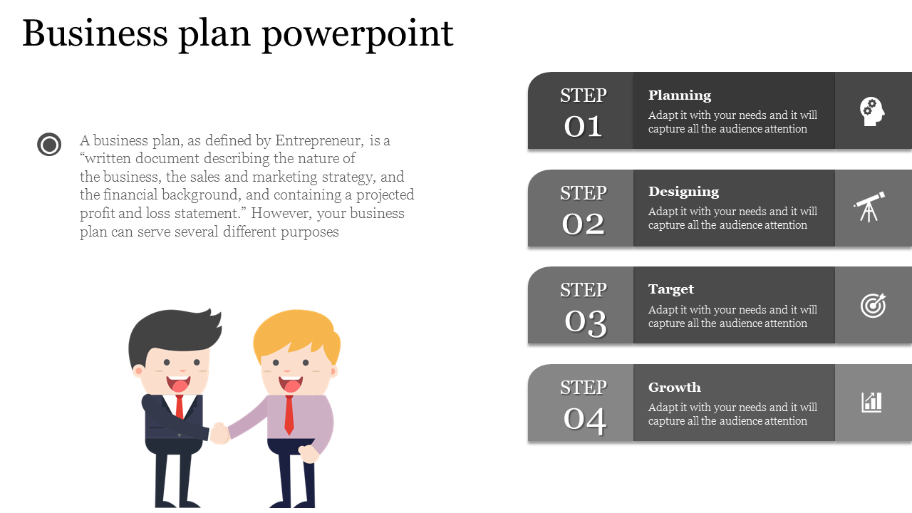 Business plan slide with four-step process on the right in dark gray bars, a text section, and a handshake illustration.