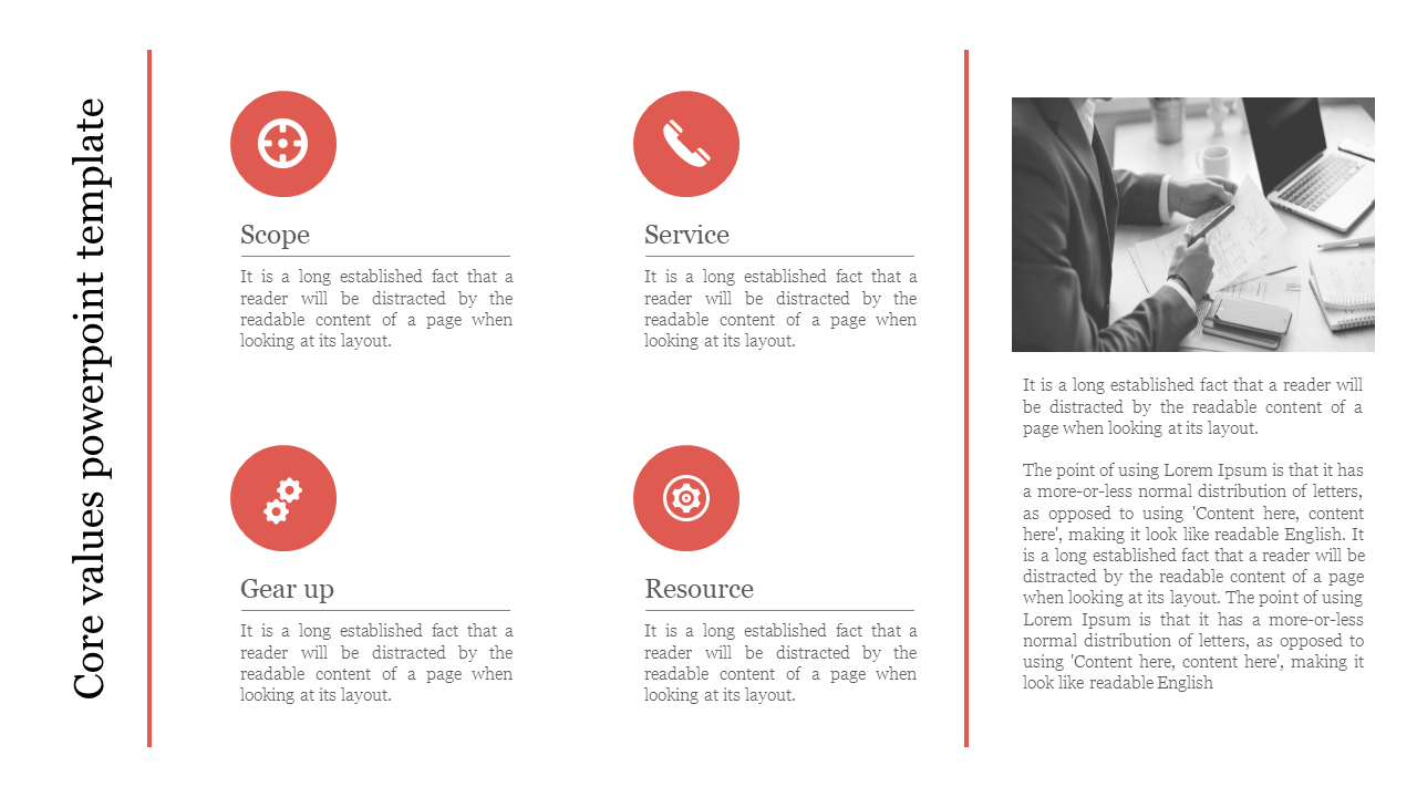 Core values PowerPoint template featuring sections with red circular icons and descriptive text.