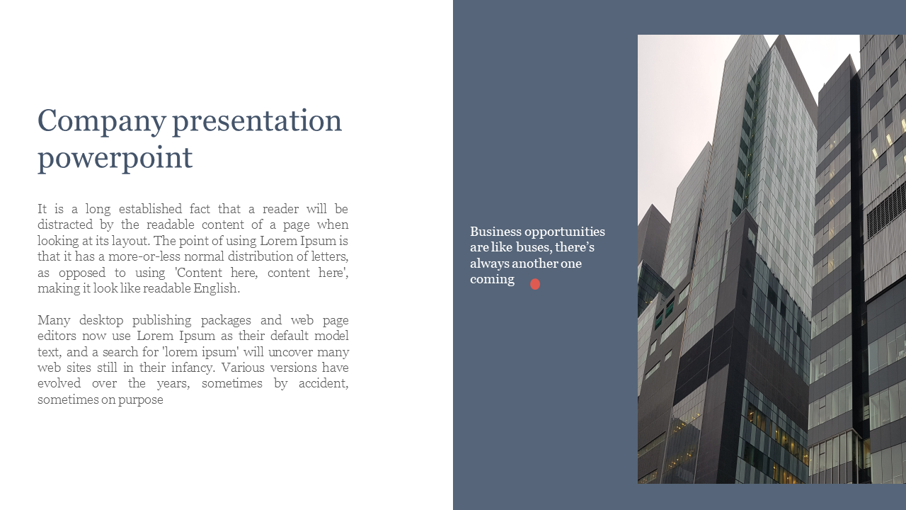 Company slide featuring a two column layout, with left aligned text, and an image of modern skyscrapers on the right.