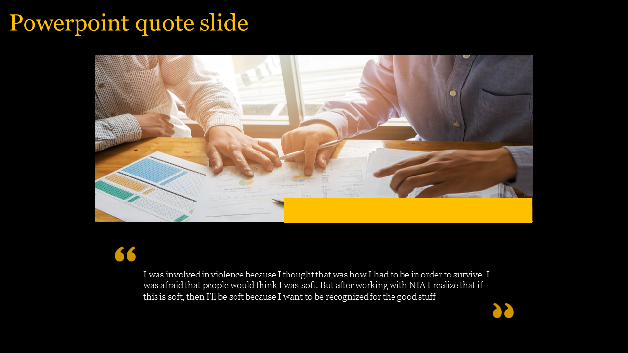 Quote template with a dark background, yellow quotation marks, and an image of professionals analyzing data charts.