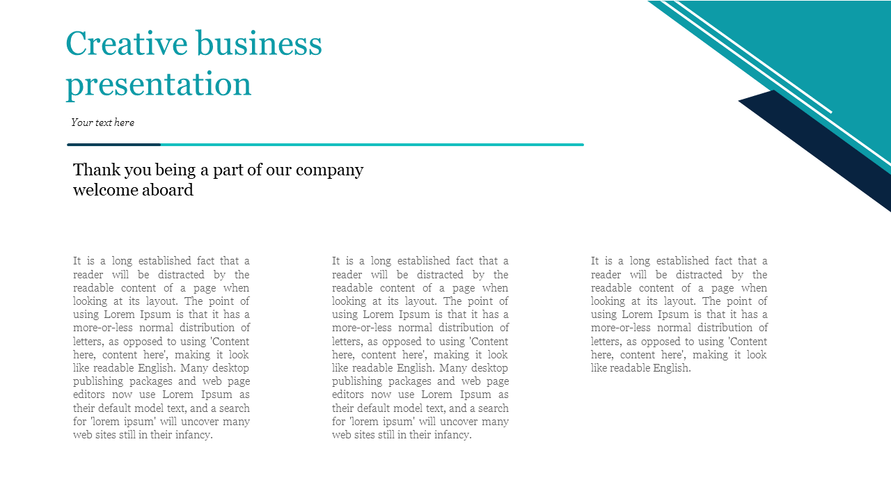Creative business presentation slide welcoming participants with modern design and placeholder text in three columns.
