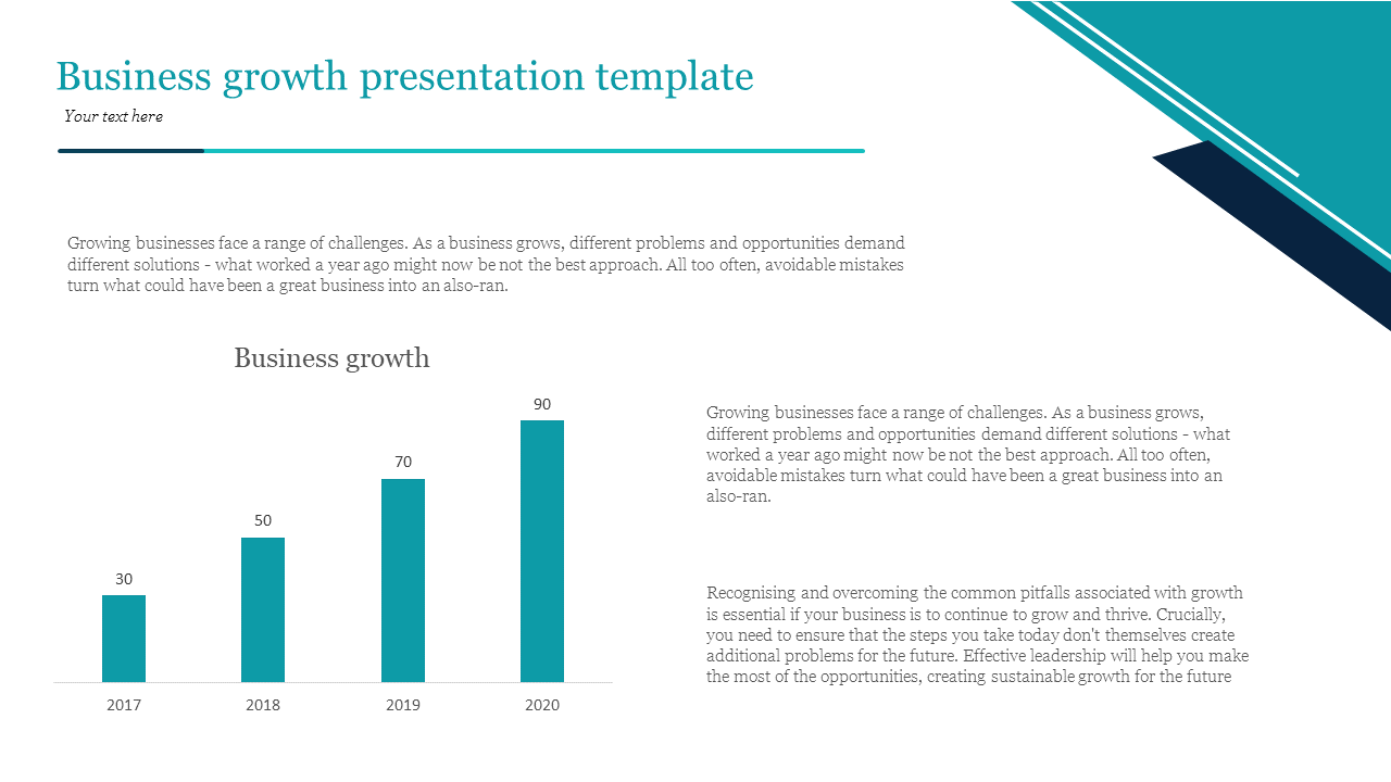 Business growth template with a teal and white theme, featuring a bar chart and descriptive text blocks.
