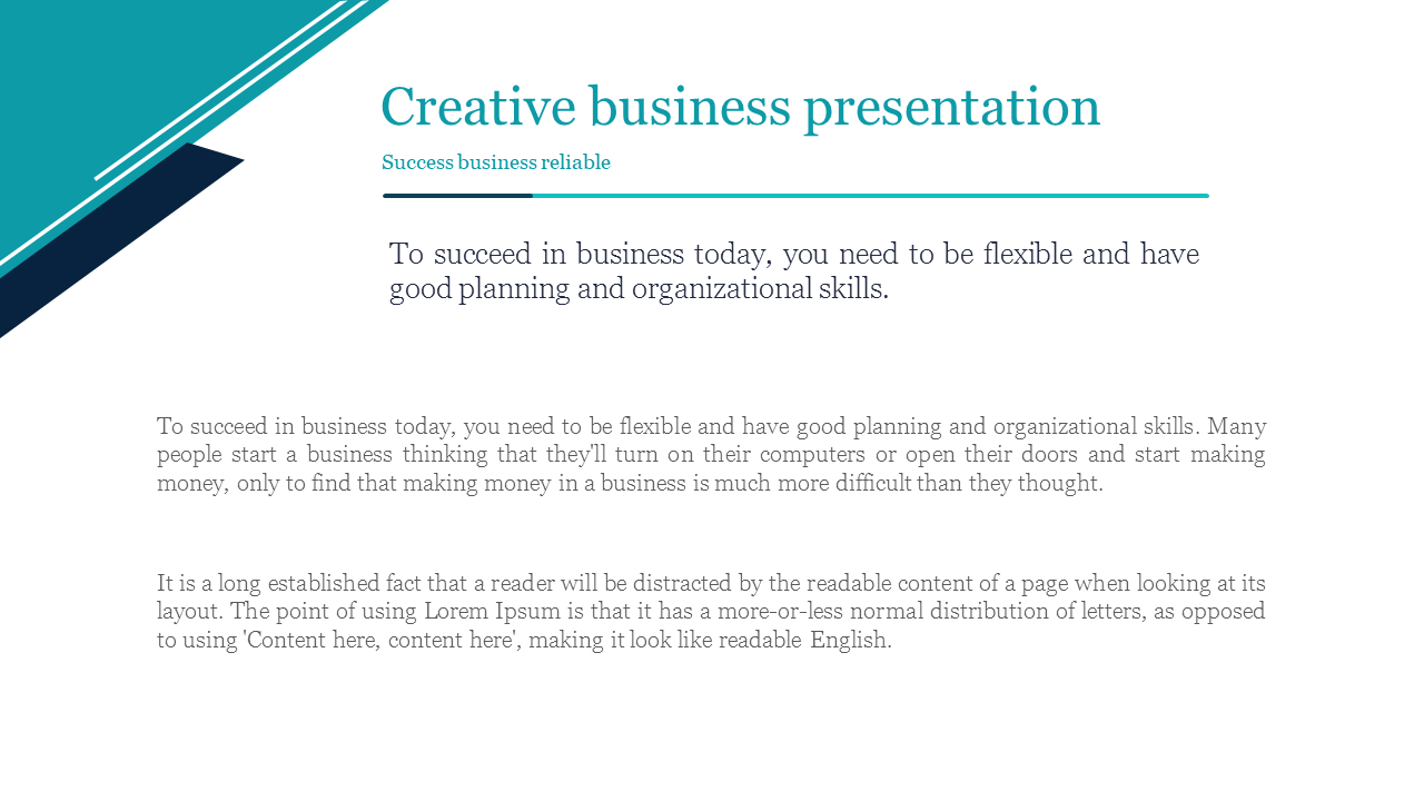 Creative business PPT slide with teal and navy accents, featuring a motivational quote about planning and flexibility.