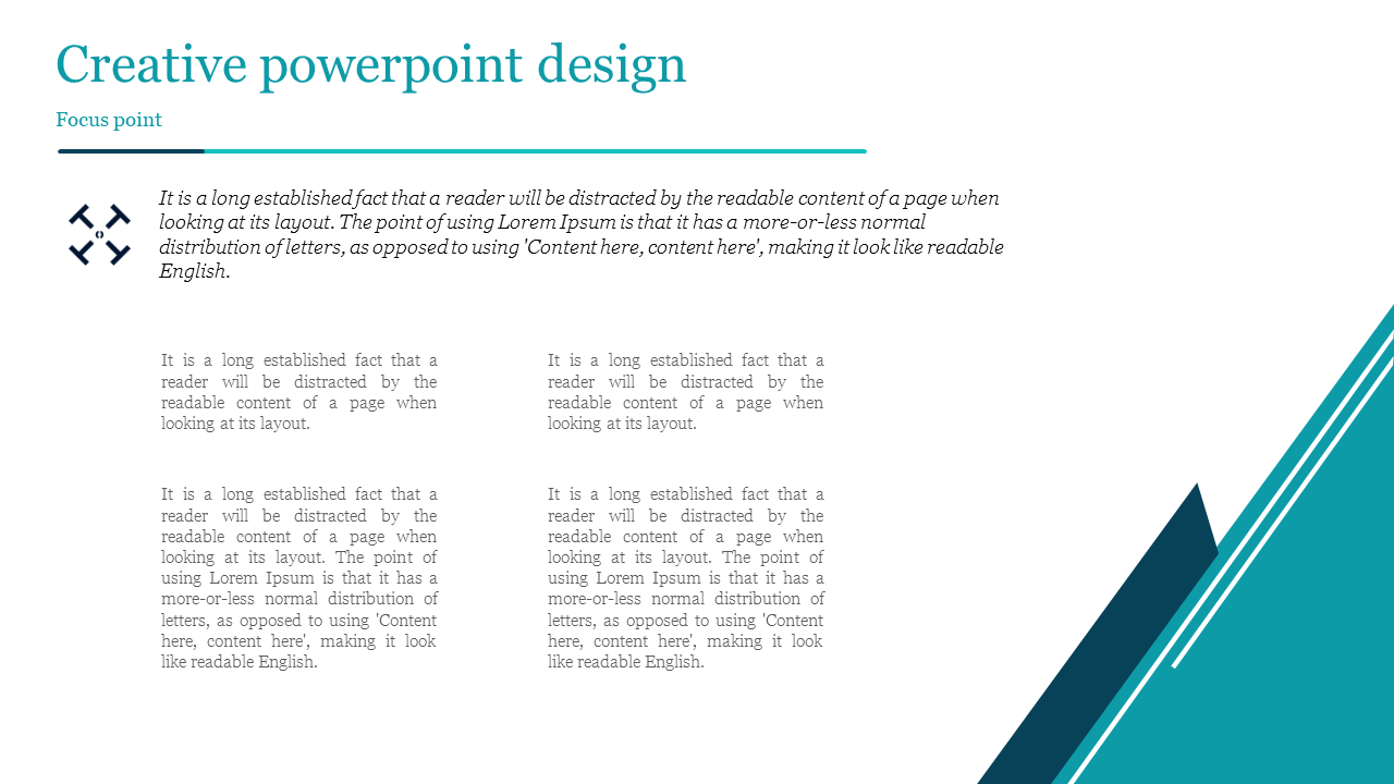 Creative design slide with a bold title, a focus point section featuring an icon, and four blocks arranged in two columns.