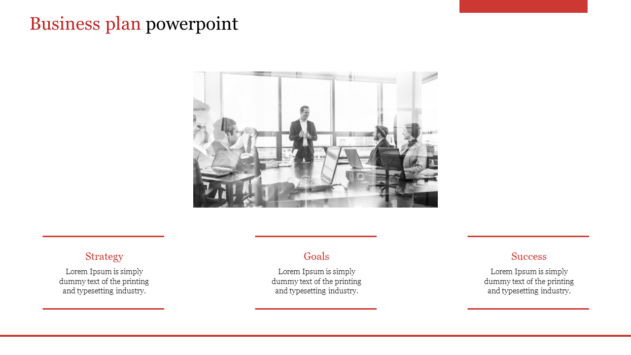 Business plan PPT slide with a grayscale image of a corporate meeting and sections for strategy, goals, and success.