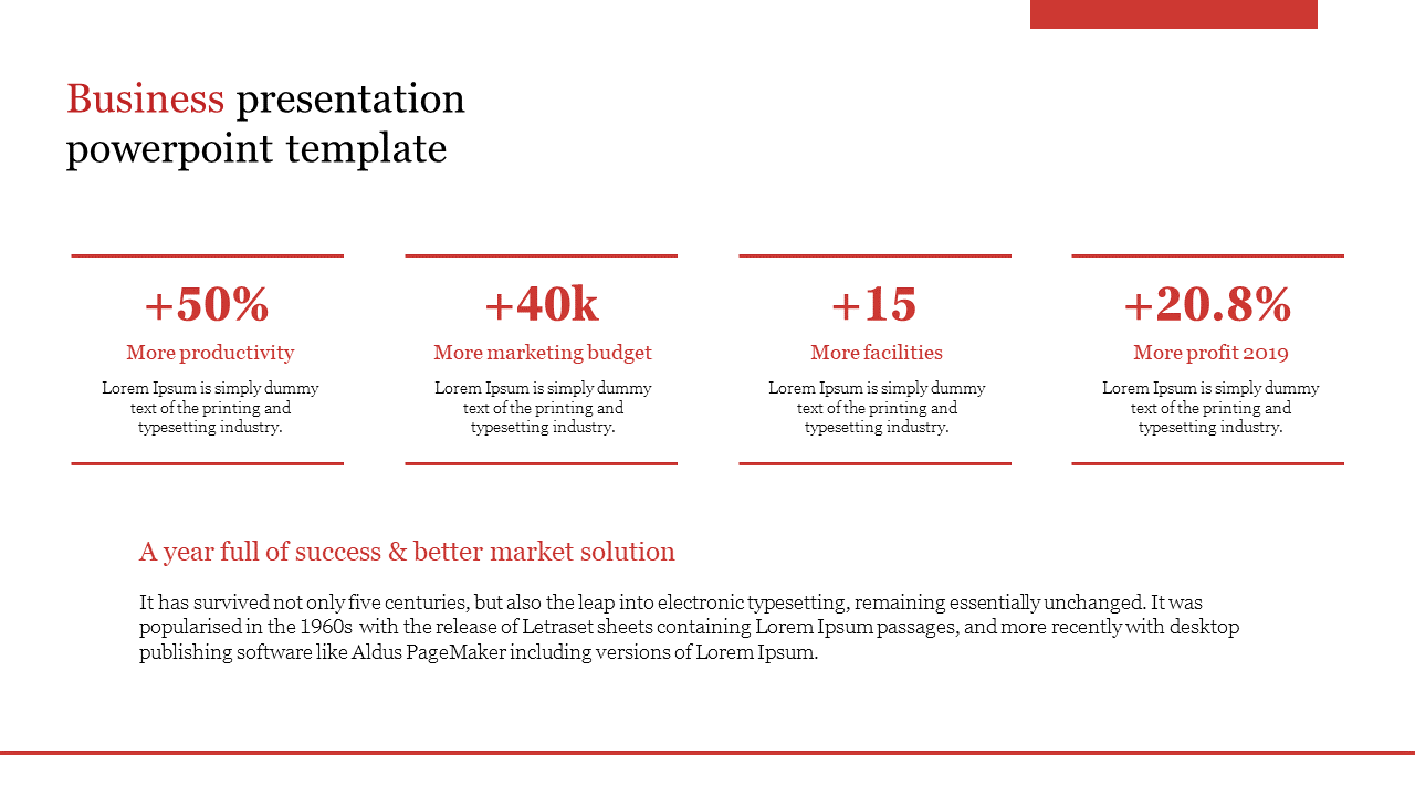 Modern business template emphasizing four essential business growth metrics in bold red, followed by a statement.
