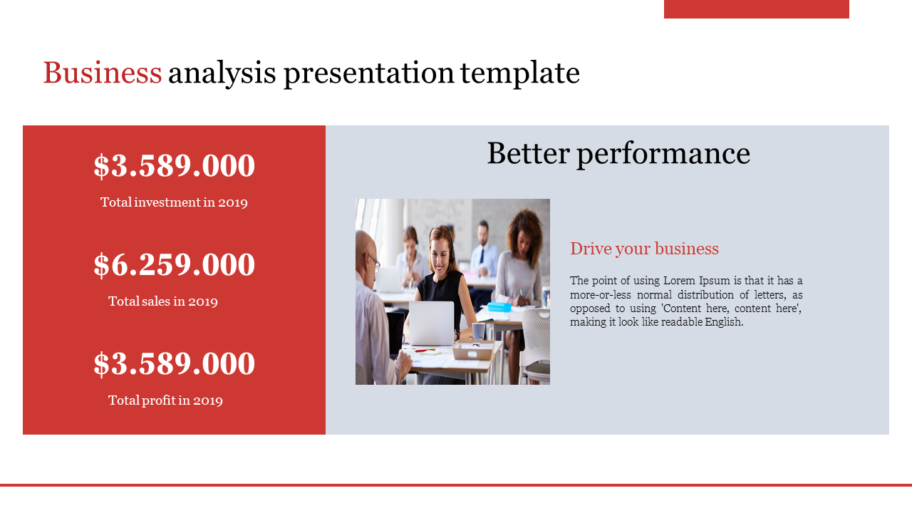 Slide with 2019 financial analysis with values on a red sidebar, alongside a photo of a business team.