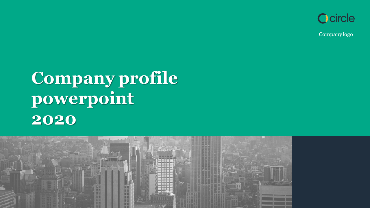 Company profile slide with a green banner, bold white text, cityscape background, and a company logo in the top right.