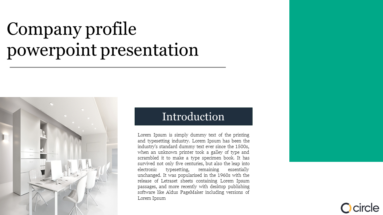 Modern office setting with white decor on the left, and a teal sidebar with text at the center.
