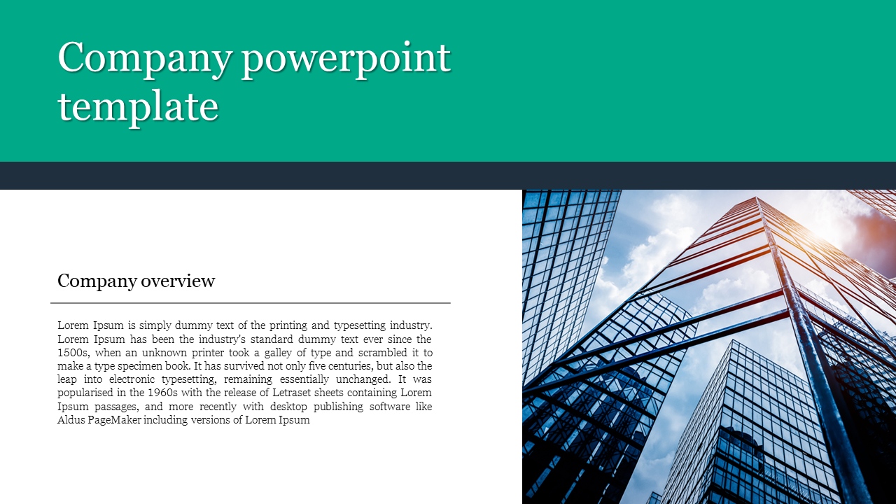 Company profile slide with a green banner, an overview text section on the left, and a modern architecture image.