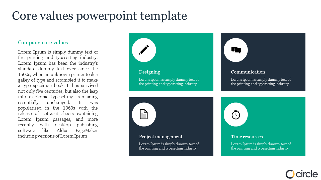 Layout with four teal and navy square blocks, each containing icons and text describing company core values.