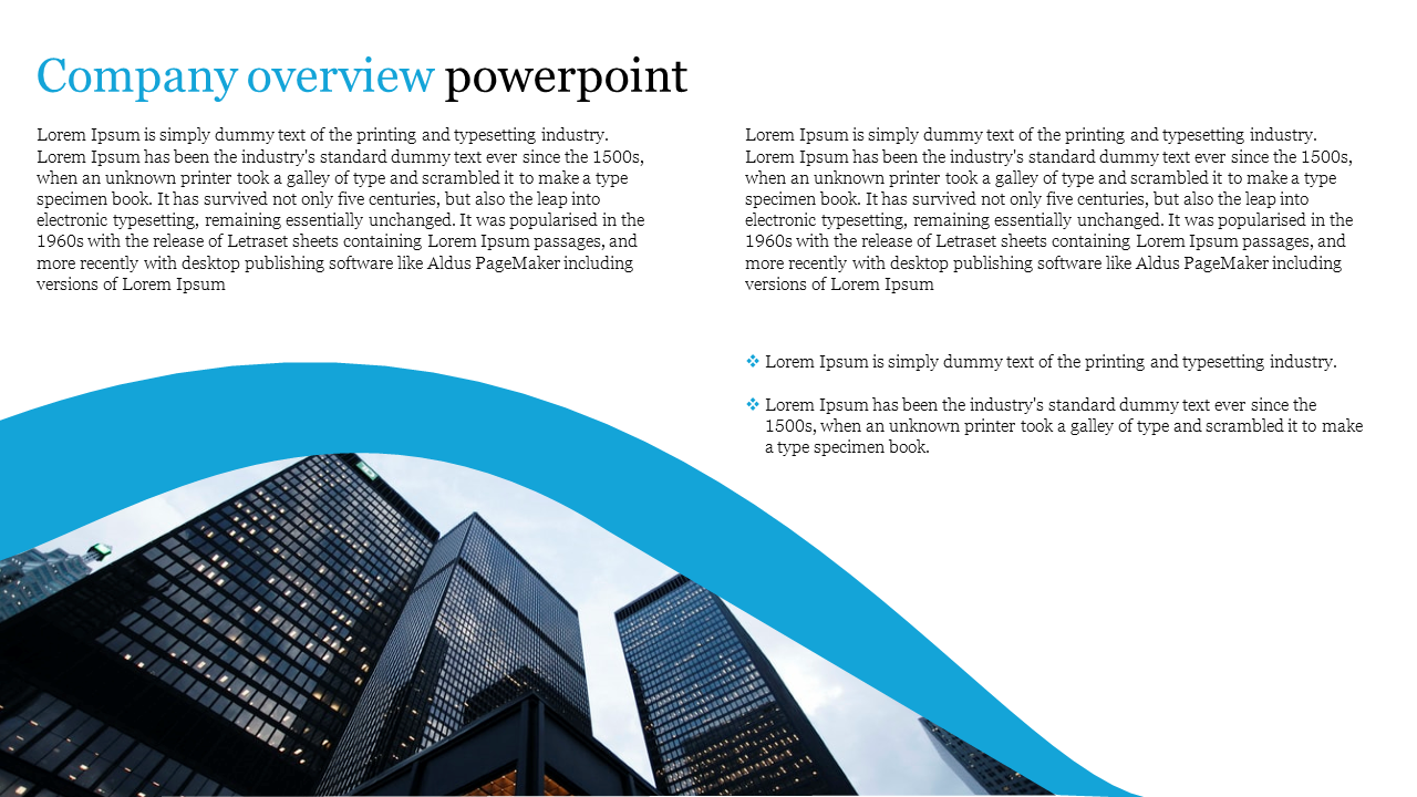 Company overview PPT slide featuring a cityscape background and a section with text and bullet points about Lorem Ipsum.