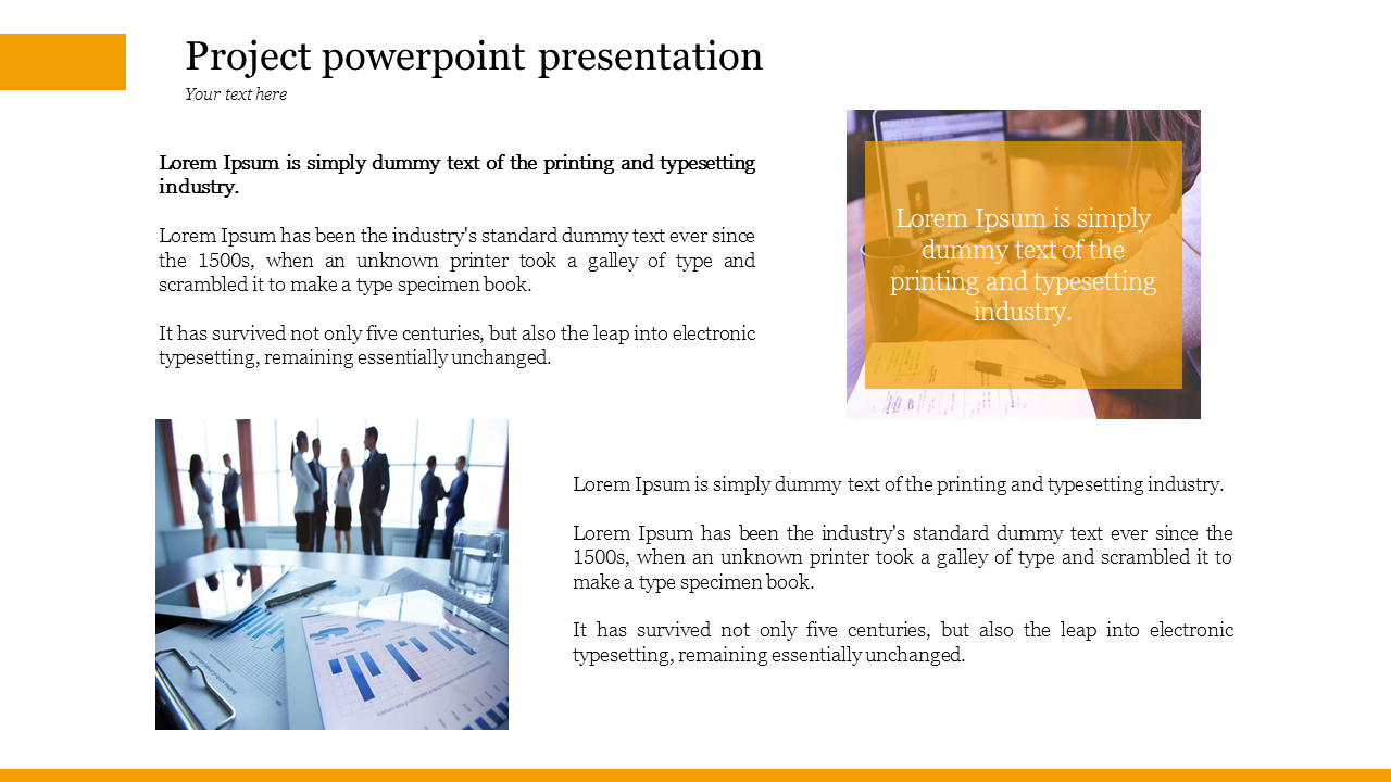 Project PowerPoint template with a team working on a project statistics charts on the left, and placeholder text.
