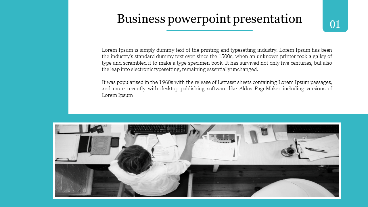 Modern business slide with a structured layout, a numbered teal label, and a black-and-white image of a desk with documents.