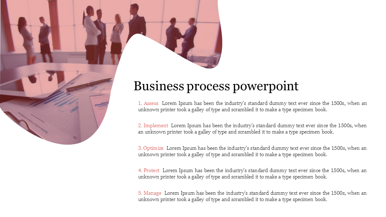 Business process PowerPoint template displaying steps like assess, implement, and manage with a team in the background.