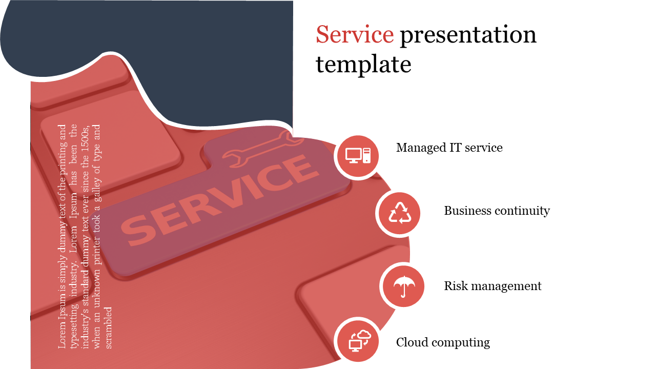Service presentation slide with a red key on a keyboard, four red circular icons with labels, and curved design elements.