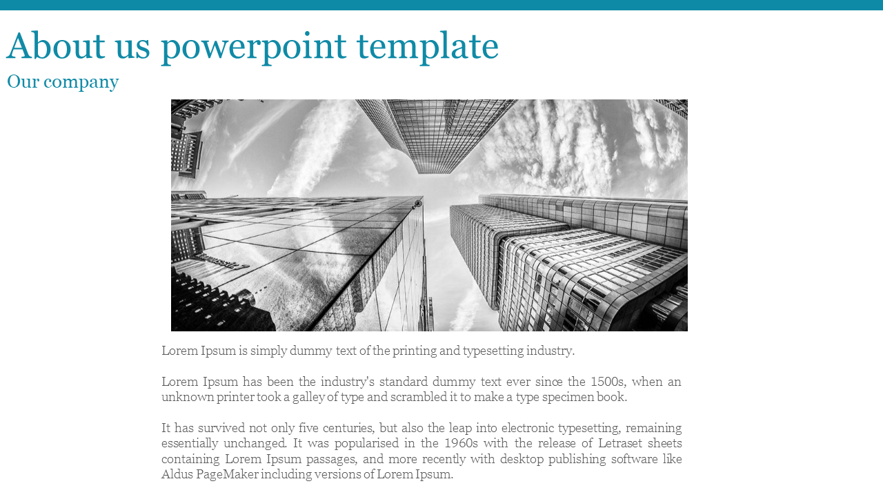 About Us slide with a black and white skyscraper image, a blue header, and a text section describing the company.