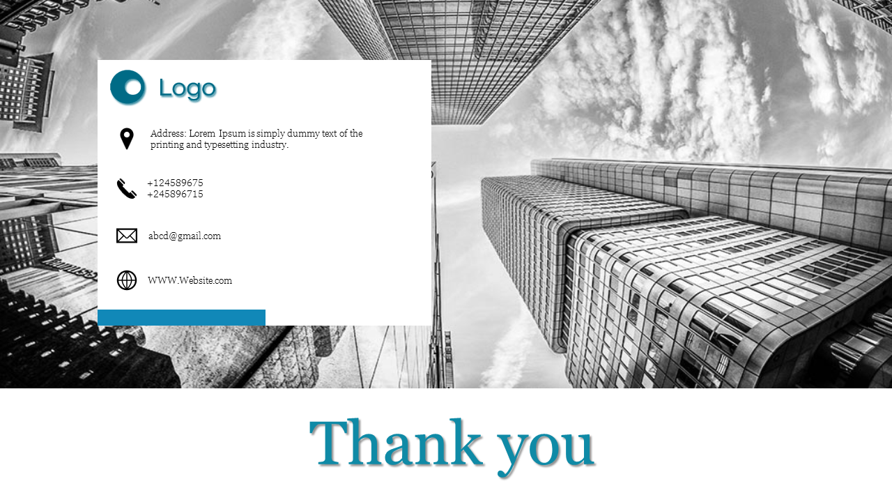 Thank you slide for a company presentation featuring a black and white cityscape background and contact details.